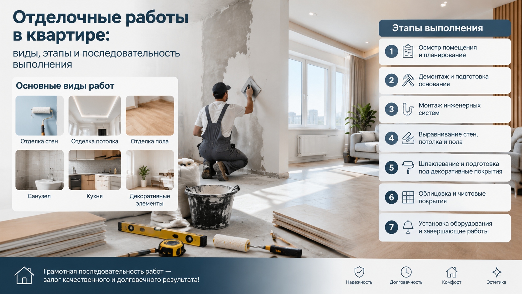 Отделочные работы в квартире: виды, этапы и последовательность выполнения